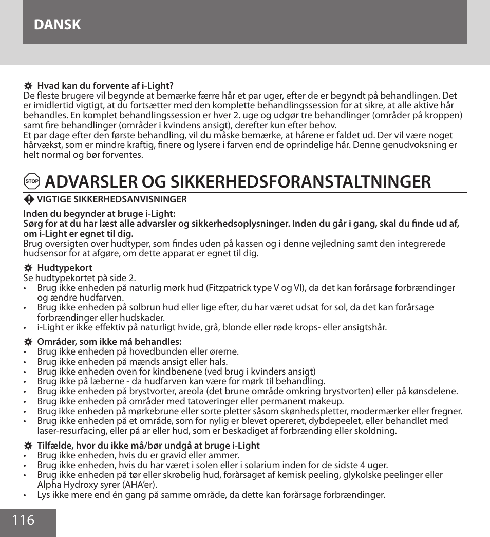 Advarsler og sikkerhedsforanstaltninger, 116 dansk | Remington IPL6000F User Manual | Page 116 / 204