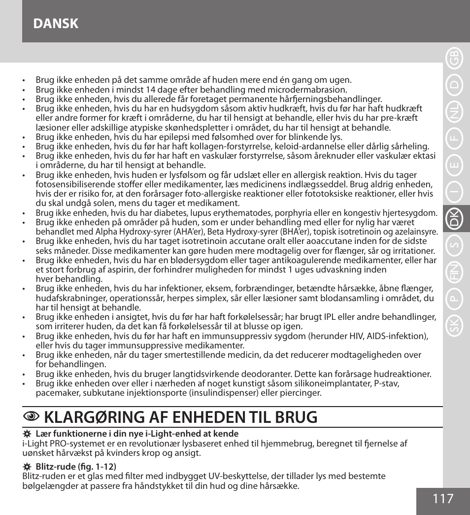 Klargøring af enheden til brug, 117 dansk | Remington IPL6000F User Manual | Page 117 / 204