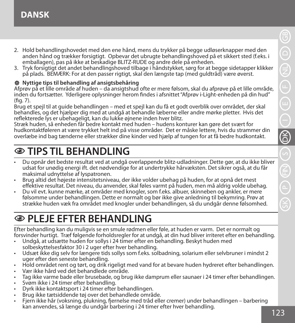 Tips til behandling, Pleje efter behandling, 123 dansk | Remington IPL6000F User Manual | Page 123 / 204