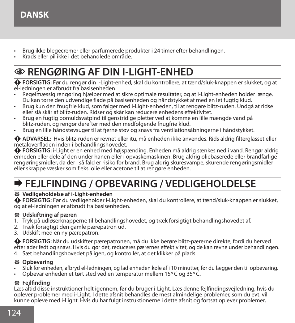 Rengøring af din i-light-enhed, Fejlfinding / opbevaring / vedligeholdelse, 124 dansk | Remington IPL6000F User Manual | Page 124 / 204