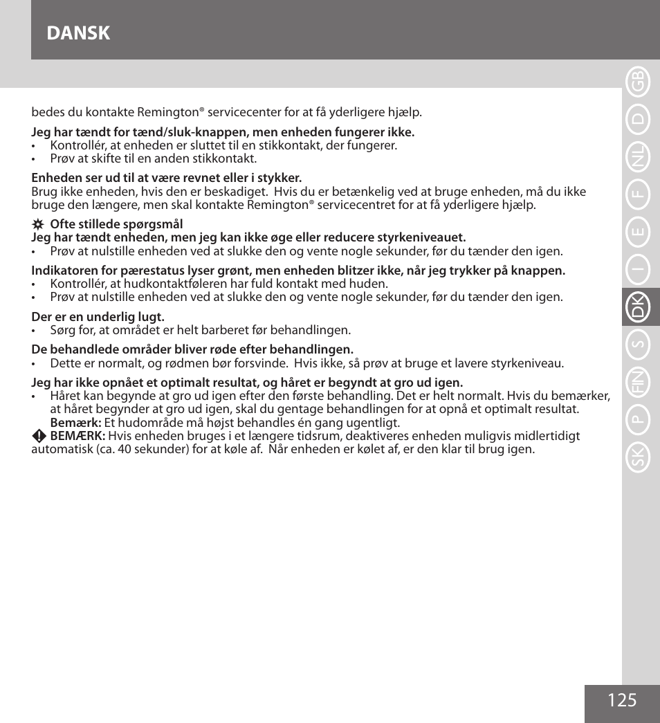 125 dansk | Remington IPL6000F User Manual | Page 125 / 204