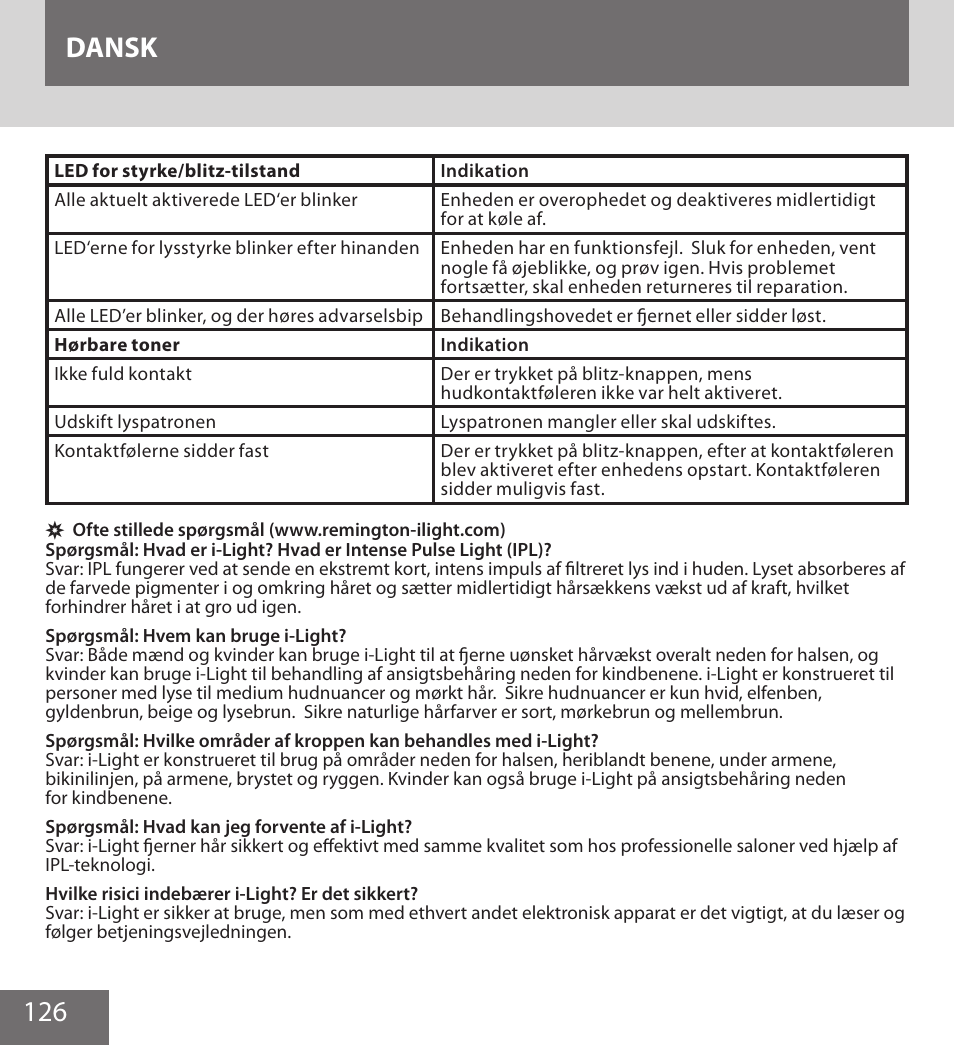 126 dansk | Remington IPL6000F User Manual | Page 126 / 204