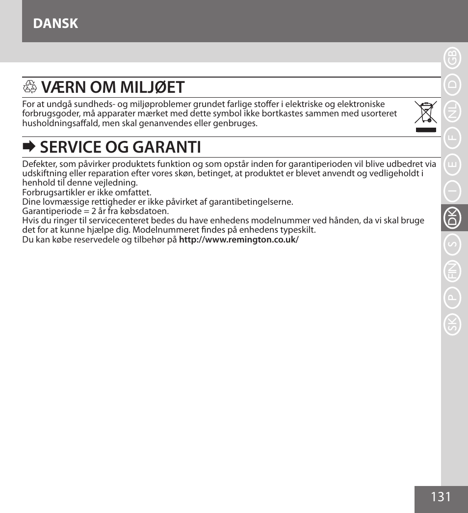 Værn om miljøet, Service og garanti, 131 dansk | Remington IPL6000F User Manual | Page 131 / 204