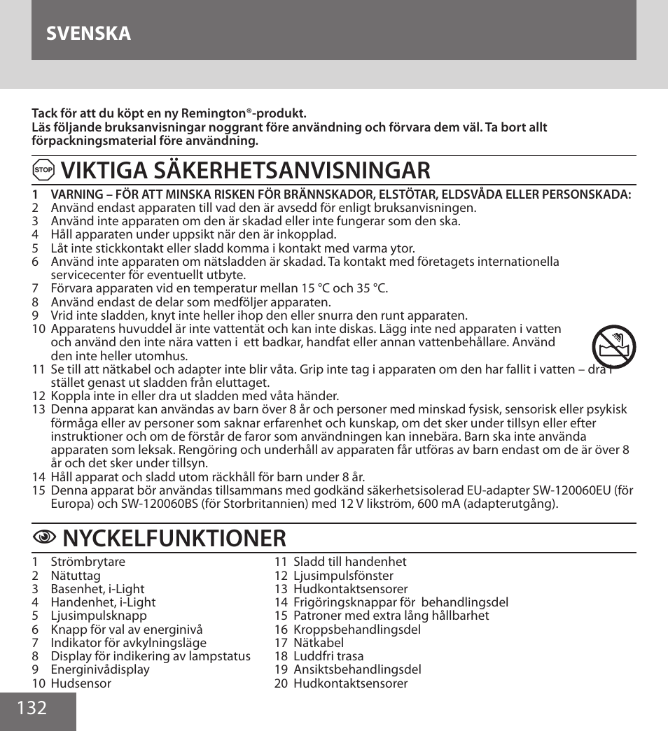 Viktiga säkerhetsanvisningar, Nyckelfunktioner, 132 svenska | Remington IPL6000F User Manual | Page 132 / 204