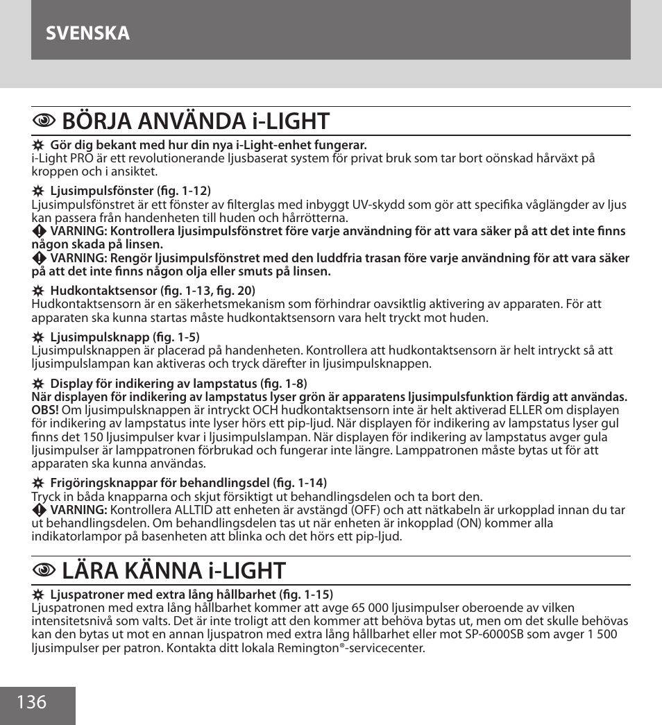 Börja använda i-light, Lära känna i-light, 136 svenska | Remington IPL6000F User Manual | Page 136 / 204