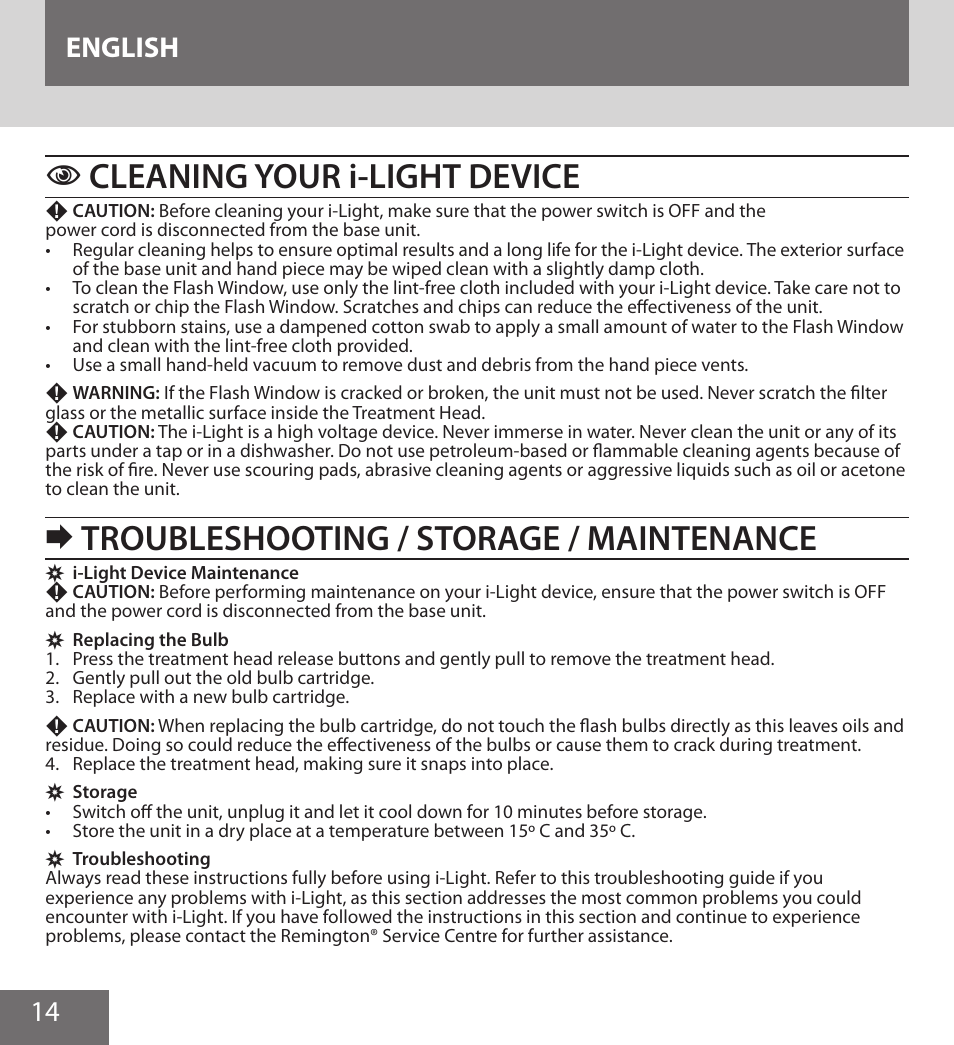 Cleaning your i-light device, Troubleshooting / storage / maintenance, 14 english | Remington IPL6000F User Manual | Page 14 / 204