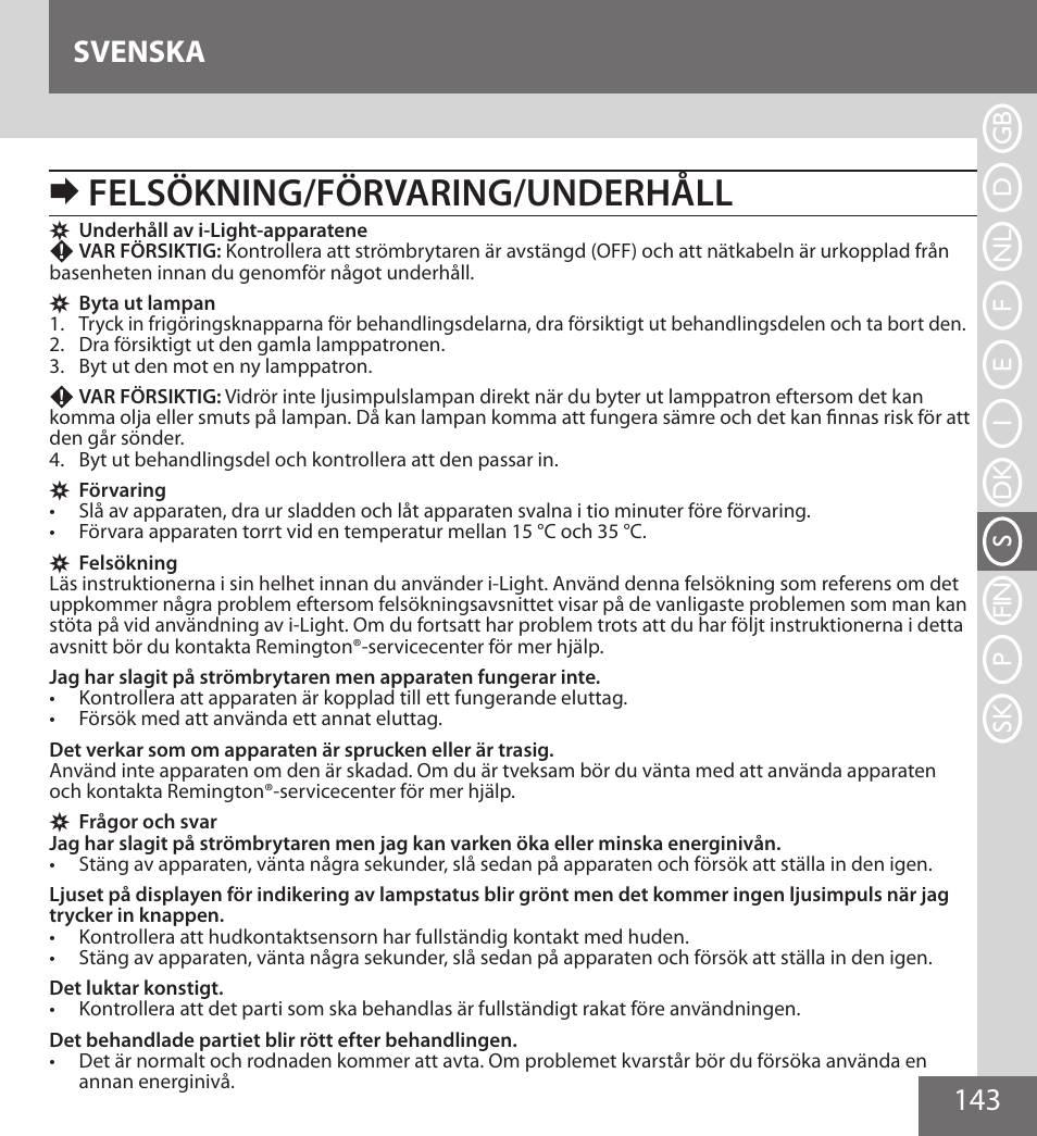 Felsökning/förvaring/underhåll, 143 svenska | Remington IPL6000F User Manual | Page 143 / 204