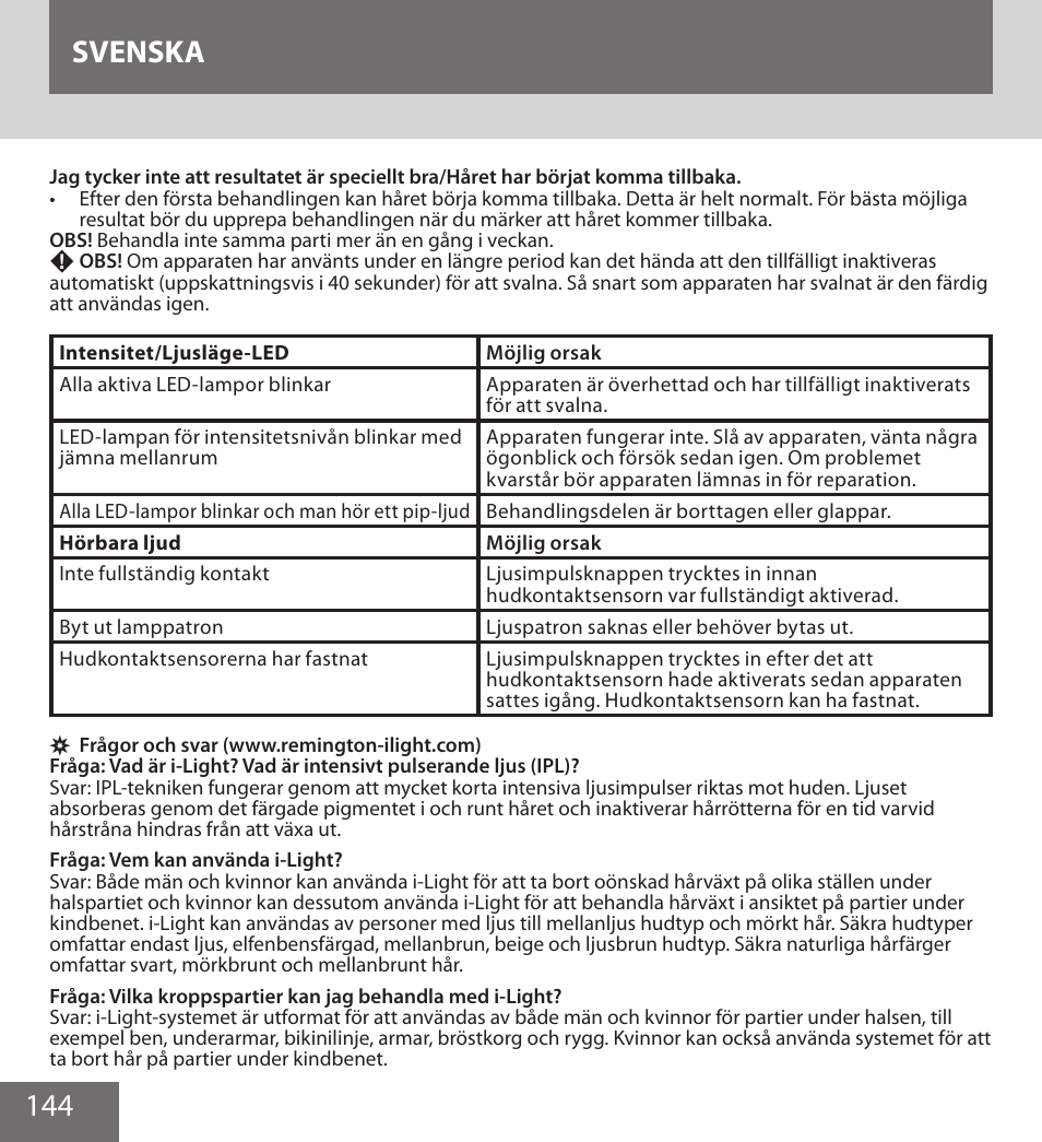 144 svenska | Remington IPL6000F User Manual | Page 144 / 204