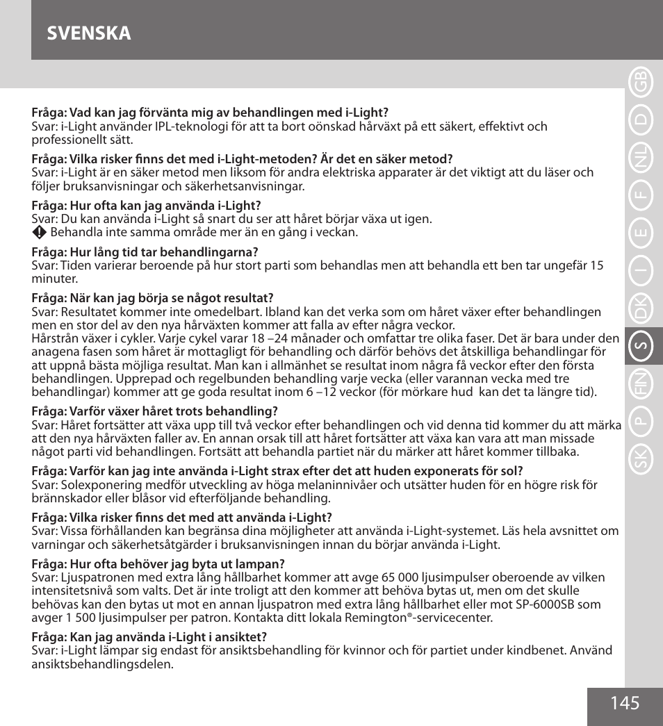 145 svenska | Remington IPL6000F User Manual | Page 145 / 204