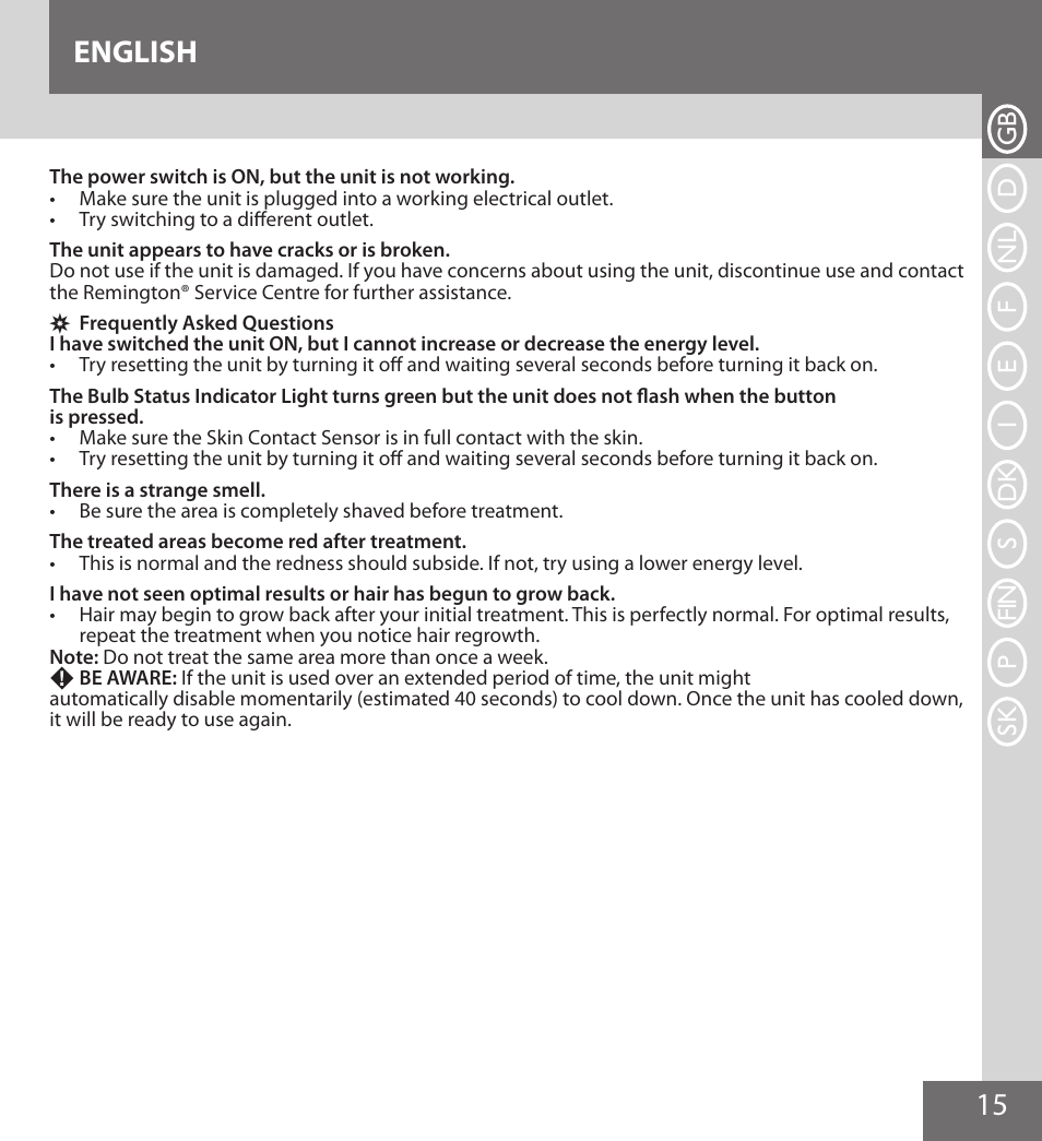 15 english | Remington IPL6000F User Manual | Page 15 / 204