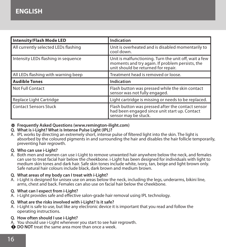 16 english | Remington IPL6000F User Manual | Page 16 / 204