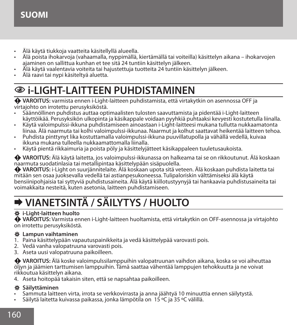 I-light-laitteen puhdistaminen, Vianetsintä / säilytys / huolto, 160 suomi | Remington IPL6000F User Manual | Page 160 / 204