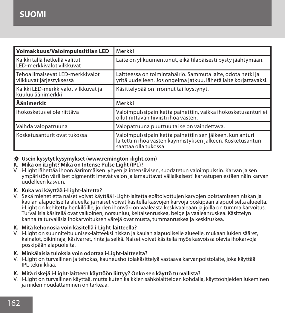 162 suomi | Remington IPL6000F User Manual | Page 162 / 204