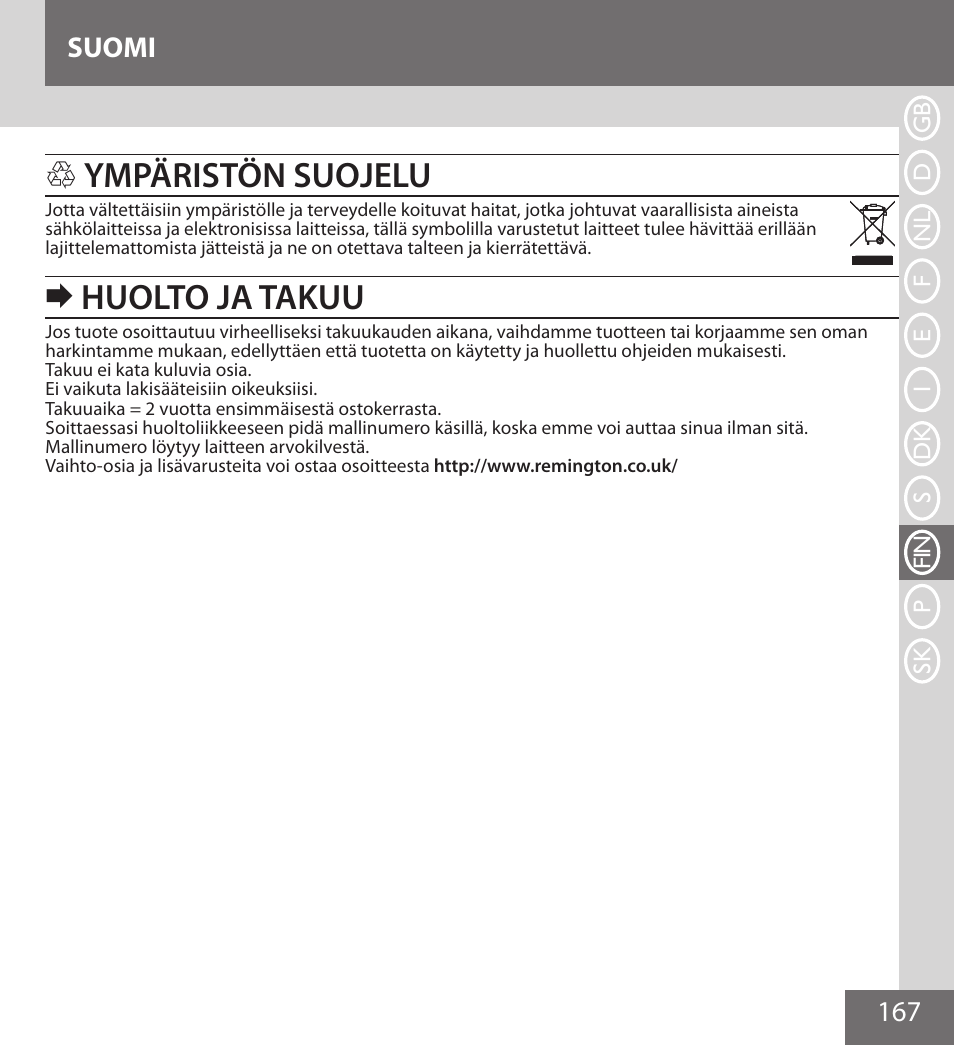 Ympäristön suojelu, Huolto ja takuu, 167 suomi | Remington IPL6000F User Manual | Page 167 / 204