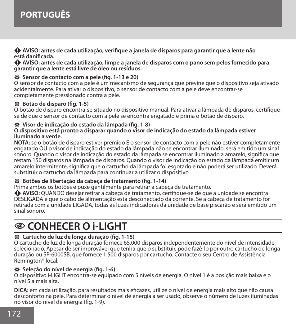 Conhecer o i-light, 172 português | Remington IPL6000F User Manual | Page 172 / 204