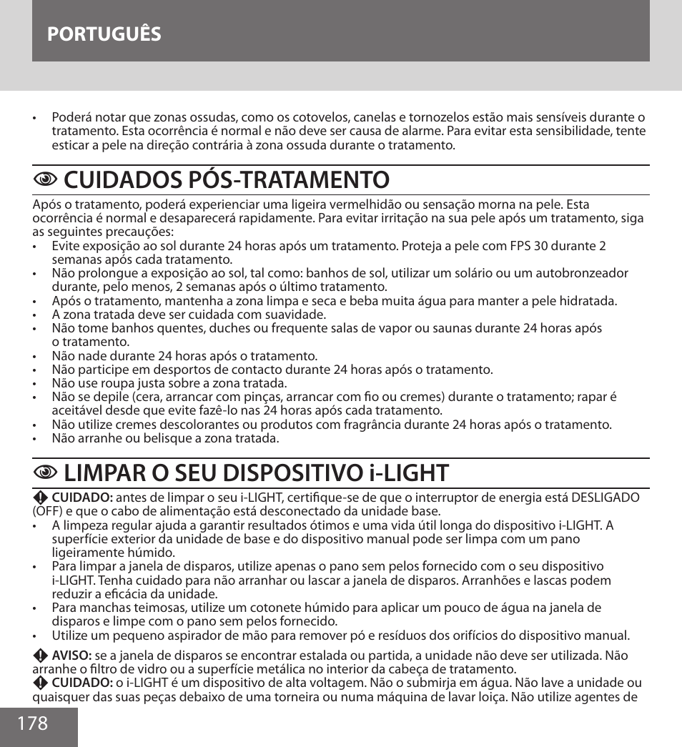 Cuidados pós-tratamento, Limpar o seu dispositivo i-light, 178 português | Remington IPL6000F User Manual | Page 178 / 204