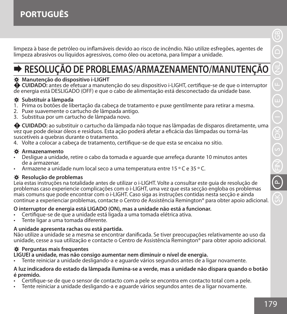 Resolução de problemas/armazenamento/manutenção, 179 português | Remington IPL6000F User Manual | Page 179 / 204