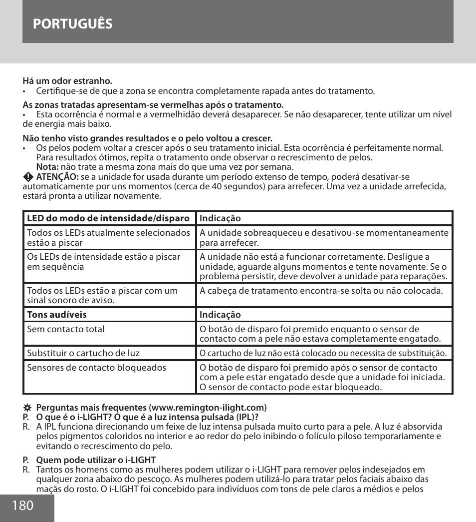 180 português | Remington IPL6000F User Manual | Page 180 / 204