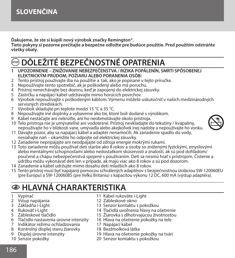 Dôležité bezpečnostné opatrenia, Hlavná charakteristika, 186 slovenčina | Remington IPL6000F User Manual | Page 186 / 204