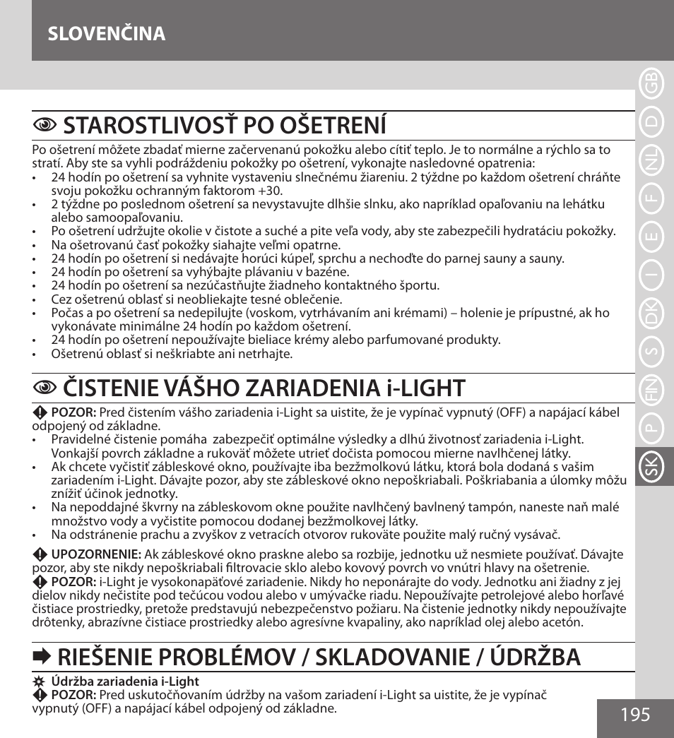 Starostlivosť po ošetrení, Čistenie vášho zariadenia i-light, Riešenie problémov / skladovanie / údržba | 195 slovenčina | Remington IPL6000F User Manual | Page 195 / 204