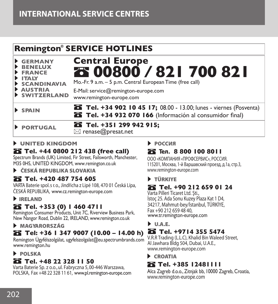 Central europe, Remington, Service hotlines | 202 international service centres | Remington IPL6000F User Manual | Page 202 / 204