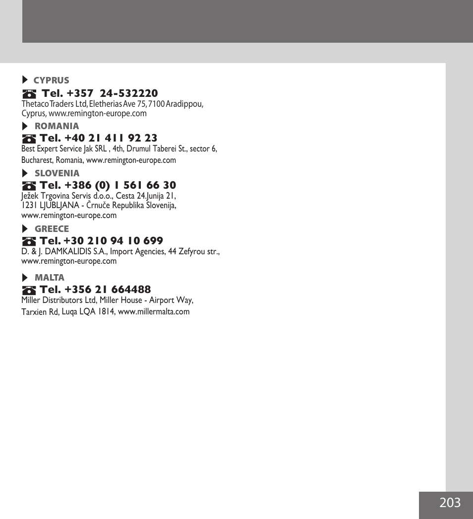 Central europe, Remington, Service hotlines | Remington IPL6000F User Manual | Page 203 / 204