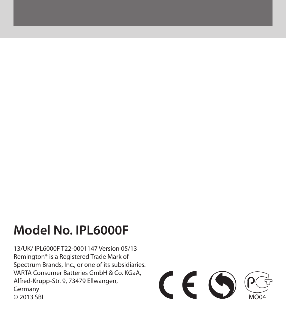 Model no. ipl6000f | Remington IPL6000F User Manual | Page 204 / 204