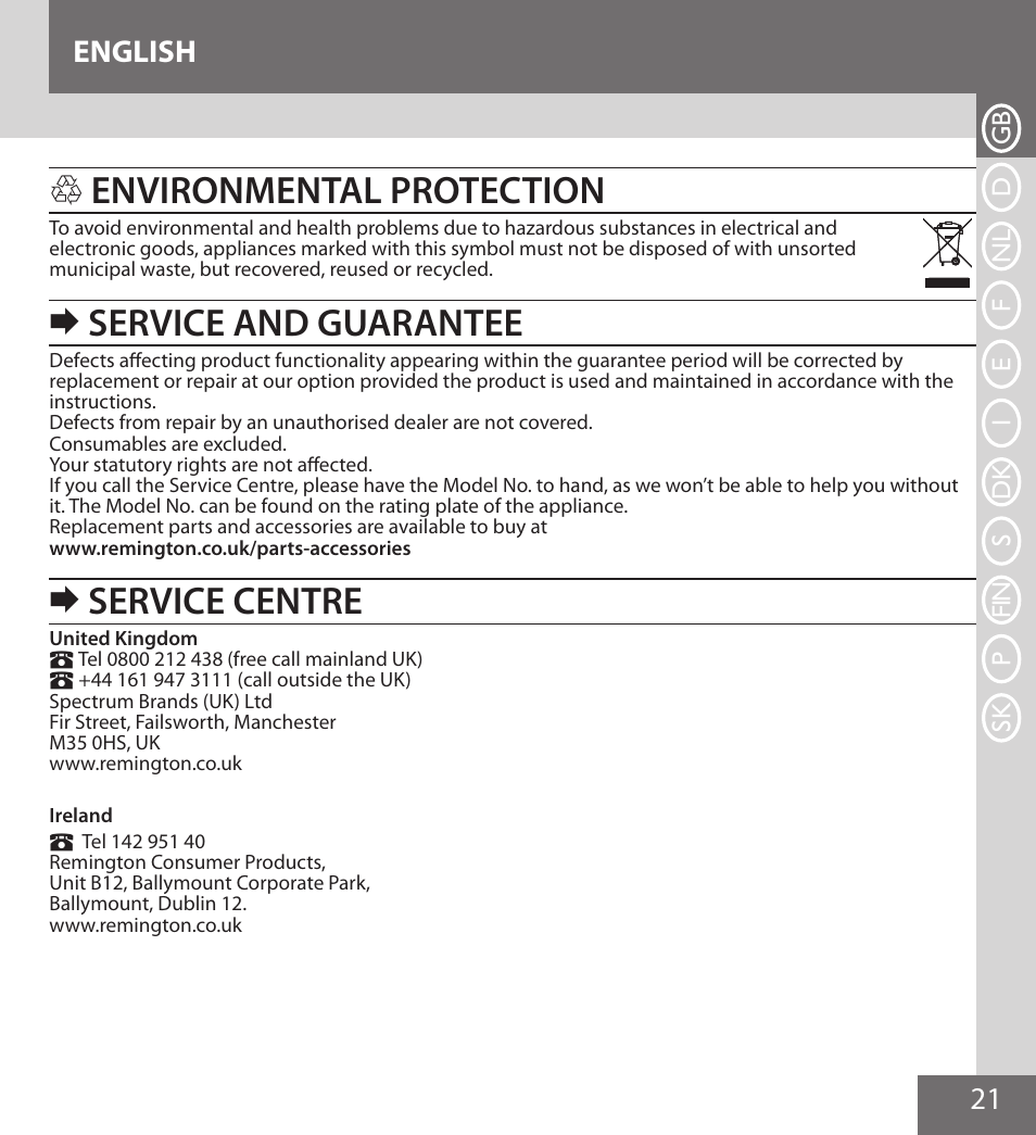 Environmental protection, Service and guarantee, Service centre | 21 english | Remington IPL6000F User Manual | Page 21 / 204