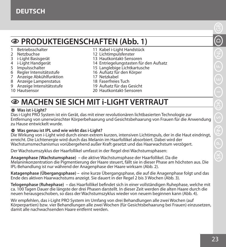 Produkteigenschaften (abb. 1), Machen sie sich mit i-light vertraut, 23 deutsch | Remington IPL6000F User Manual | Page 23 / 204