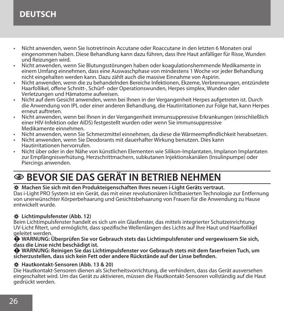 Bevor sie das gerät in betrieb nehmen, 26 deutsch | Remington IPL6000F User Manual | Page 26 / 204