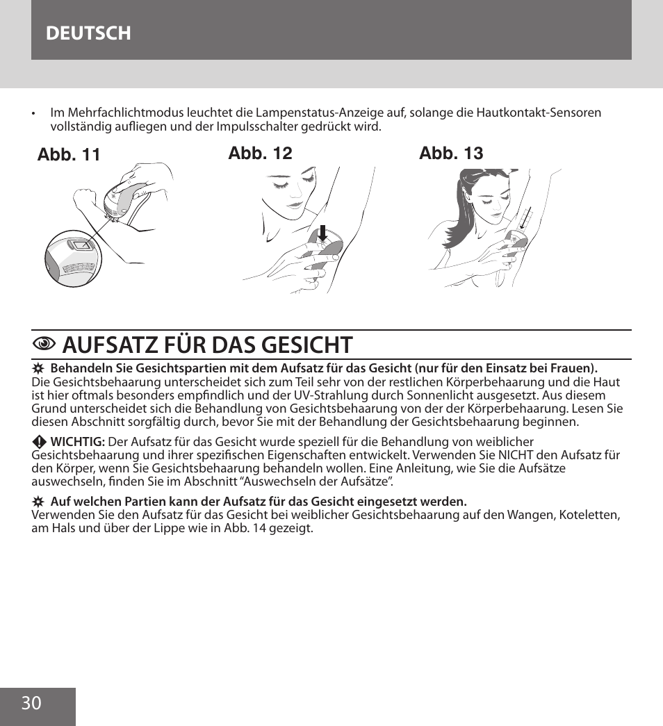 Aufsatz für das gesicht, 30 deutsch | Remington IPL6000F User Manual | Page 30 / 204