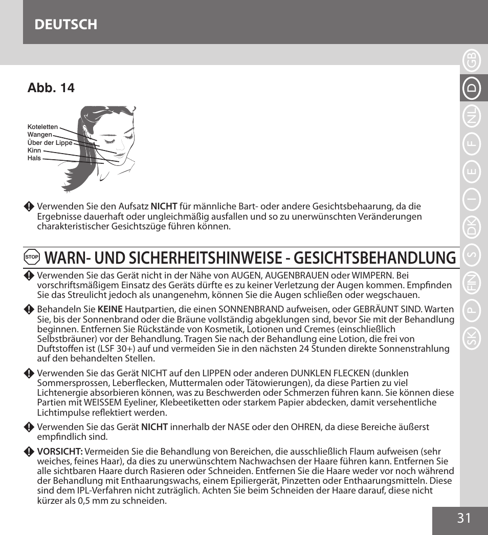 Warn- und sicherheitshinweise - gesichtsbehandlung, 31 deutsch, Abb. 14 | Remington IPL6000F User Manual | Page 31 / 204