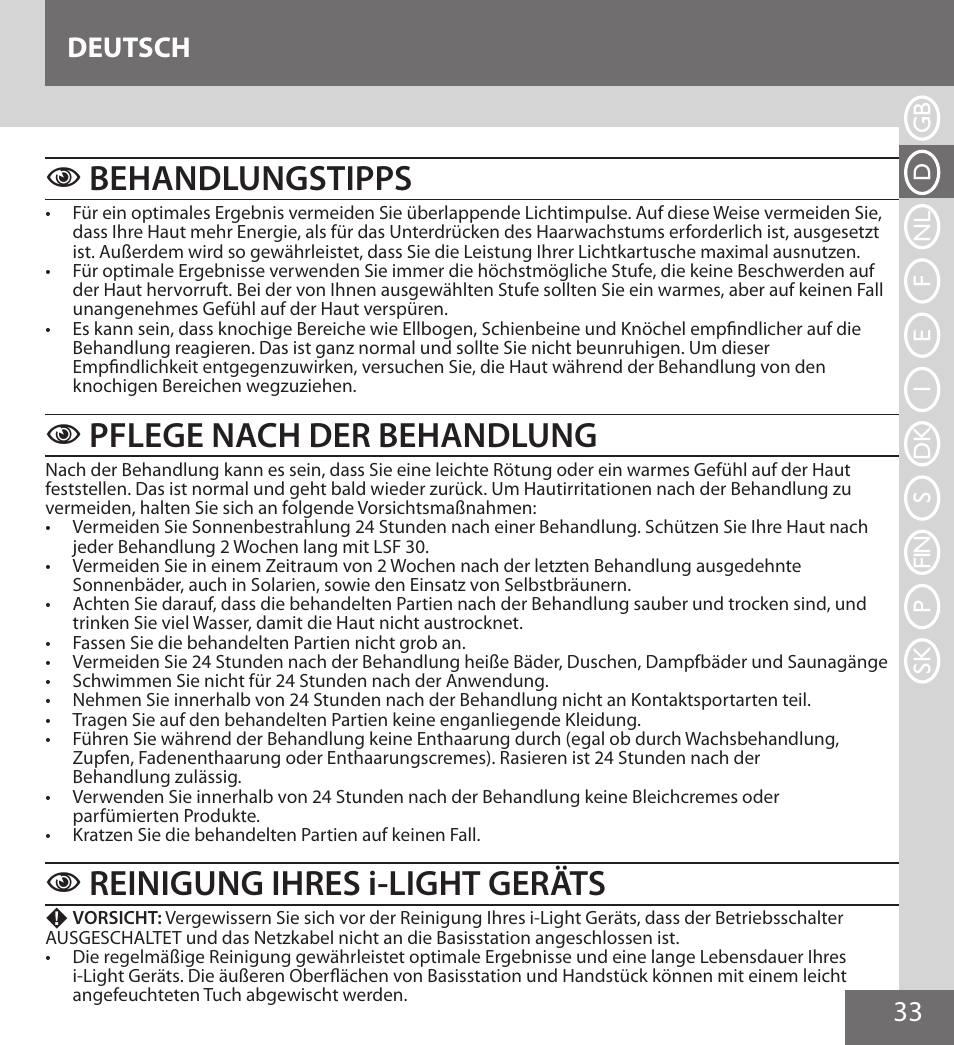 Behandlungstipps, Pflege nach der behandlung, Reinigung ihres i-light geräts | 33 deutsch | Remington IPL6000F User Manual | Page 33 / 204