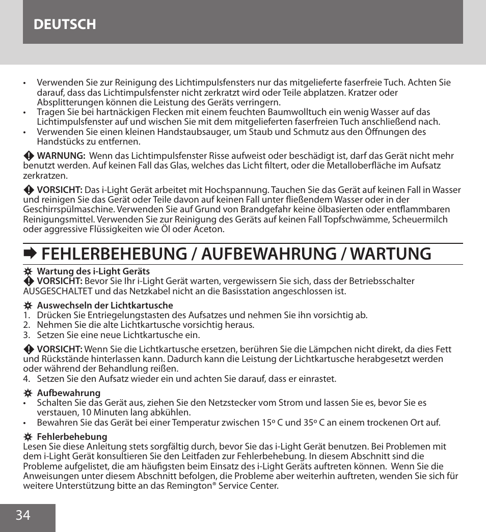 Fehlerbehebung / aufbewahrung / wartung, 34 deutsch | Remington IPL6000F User Manual | Page 34 / 204