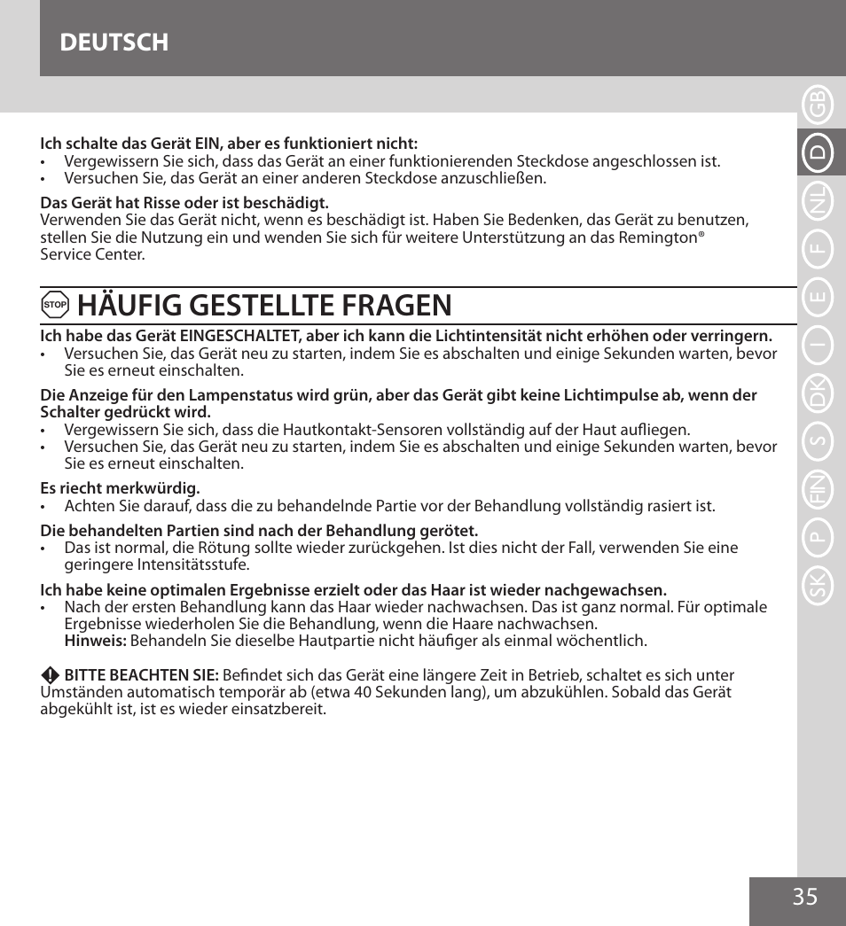 Häufig gestellte fragen, 35 deutsch | Remington IPL6000F User Manual | Page 35 / 204