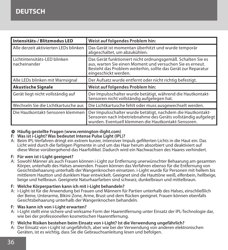 36 deutsch | Remington IPL6000F User Manual | Page 36 / 204