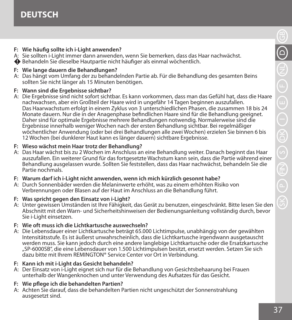 37 deutsch | Remington IPL6000F User Manual | Page 37 / 204