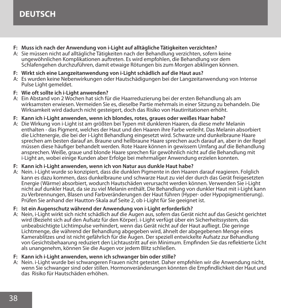 38 deutsch | Remington IPL6000F User Manual | Page 38 / 204