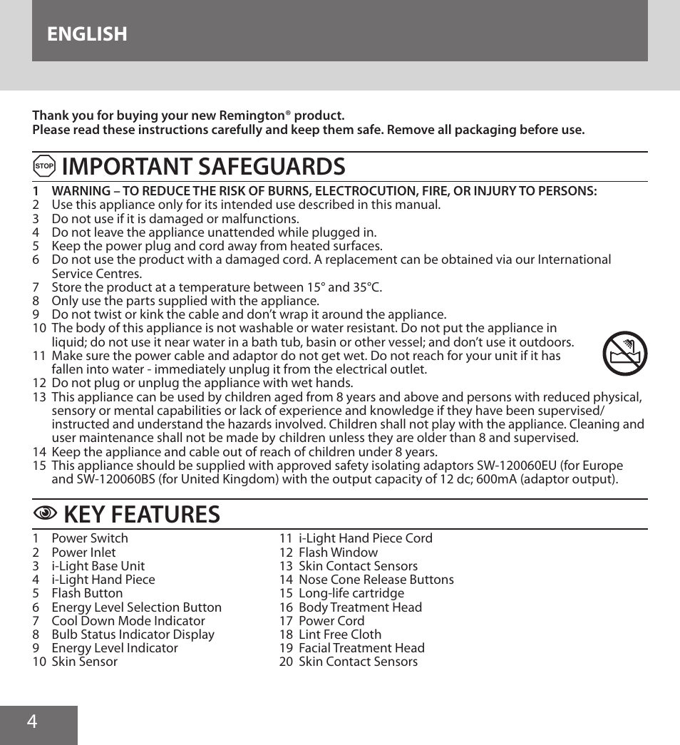 Important safeguards, Key features, 4english | Remington IPL6000F User Manual | Page 4 / 204