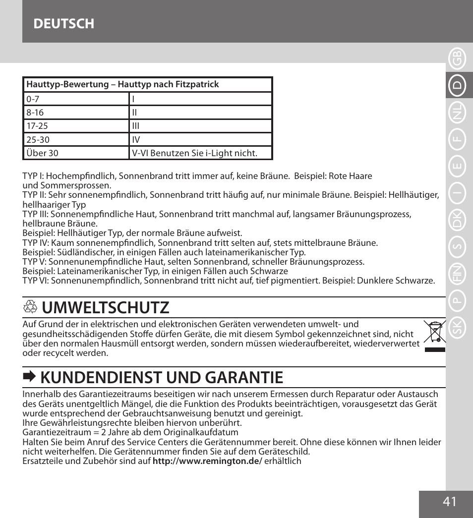 Umweltschutz, Kundendienst und garantie, 41 deutsch | Remington IPL6000F User Manual | Page 41 / 204