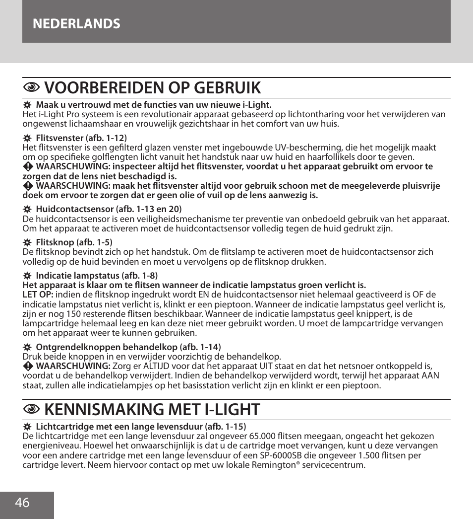 Voorbereiden op gebruik, Kennismaking met i-light, 46 nederlands | Remington IPL6000F User Manual | Page 46 / 204