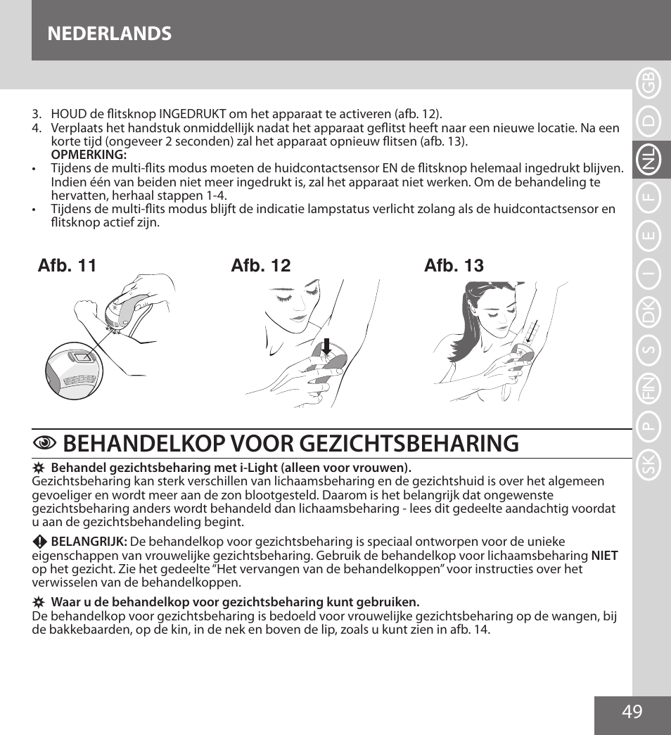 Behandelkop voor gezichtsbeharing, 49 nederlands, Afb. 11 | Afb. 12, Afb. 13 | Remington IPL6000F User Manual | Page 49 / 204