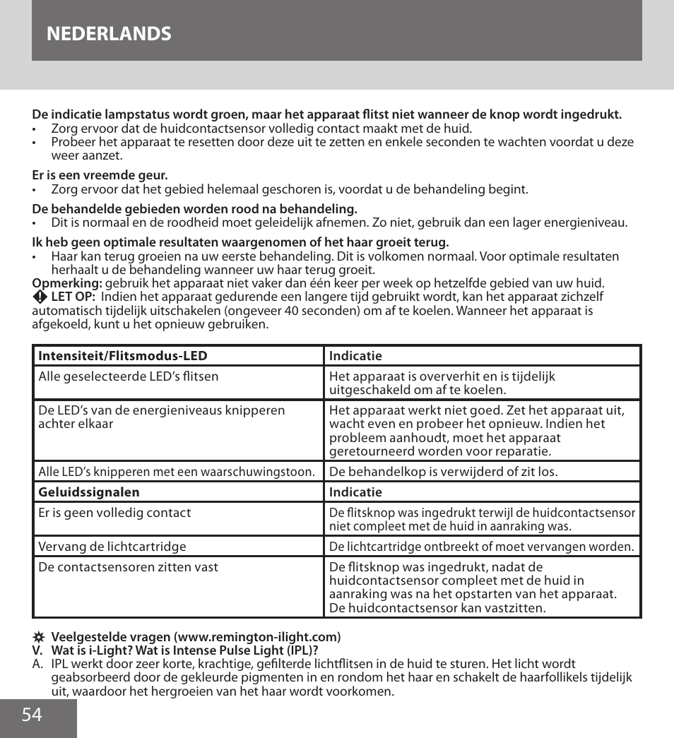 54 nederlands | Remington IPL6000F User Manual | Page 54 / 204