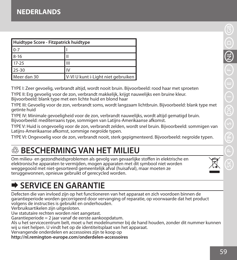 Bescherming van het milieu, Service en garantie, 59 nederlands | Remington IPL6000F User Manual | Page 59 / 204