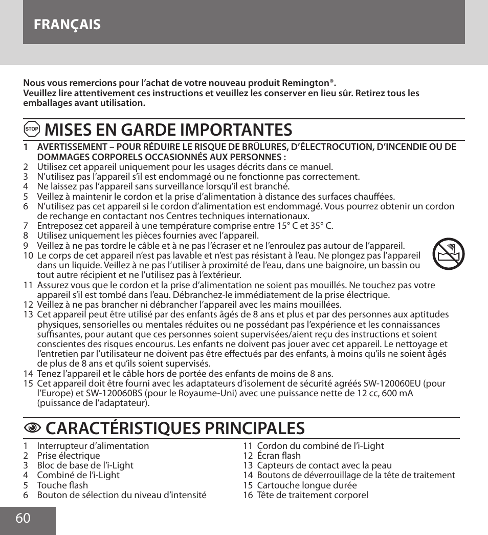 Mises en garde importantes, Caractéristiques principales, 60 français | Remington IPL6000F User Manual | Page 60 / 204