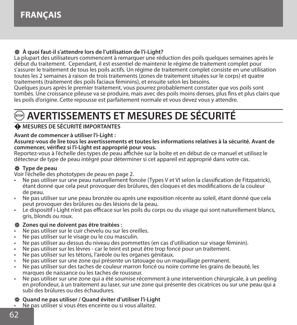 Avertissements et mesures de sécurité, 62 français | Remington IPL6000F User Manual | Page 62 / 204