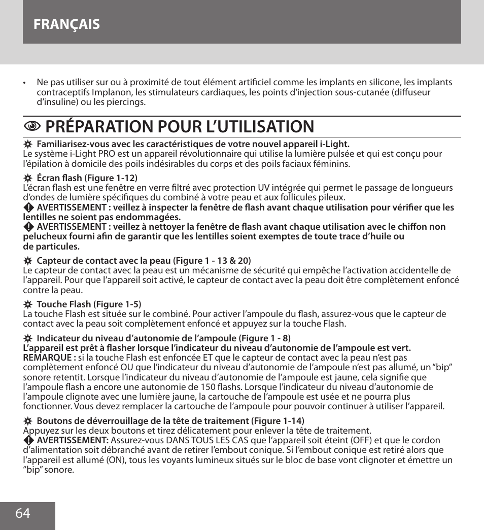 Préparation pour l’utilisation, 64 français | Remington IPL6000F User Manual | Page 64 / 204