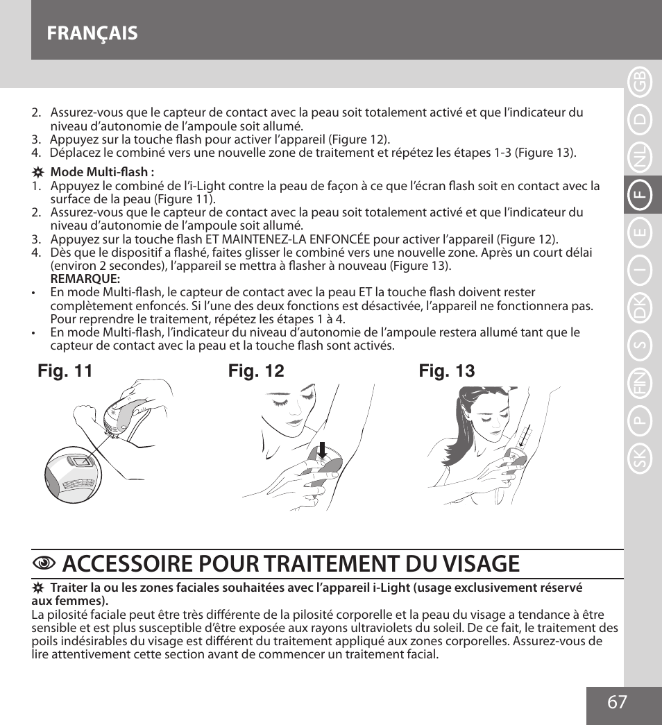 Accessoire pour traitement du visage, 67 français, Fig. 11 | Fig. 12, Fig. 13 | Remington IPL6000F User Manual | Page 67 / 204