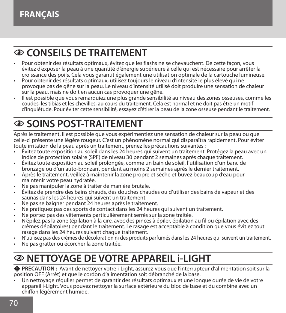 Conseils de traitement, Soins post-traitement, Nettoyage de votre appareil i-light | 70 français | Remington IPL6000F User Manual | Page 70 / 204