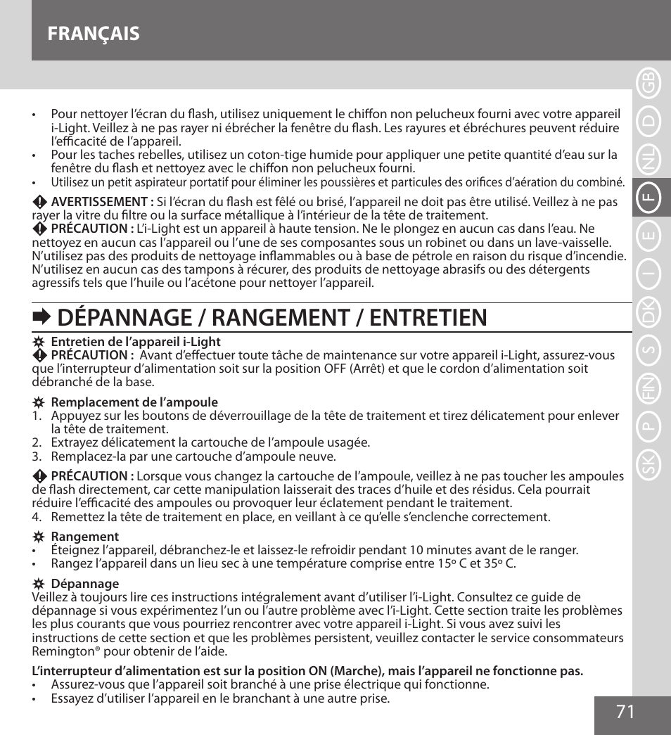 Dépannage / rangement / entretien, 71 français | Remington IPL6000F User Manual | Page 71 / 204